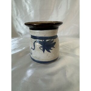 Studio Art Pottery Vase With Hand Painted Blue Flower Marked LM Gross